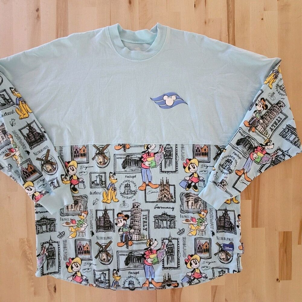 Disney Cruise Line Europe Mens Shirt Long Sleeve Blue Mickey Mouse Sz Lg